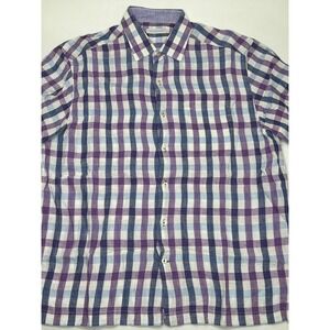 Alex Cannon Mens Large‎ 100% Linen Short Sleeve Button Down Shirt Purple Blue
